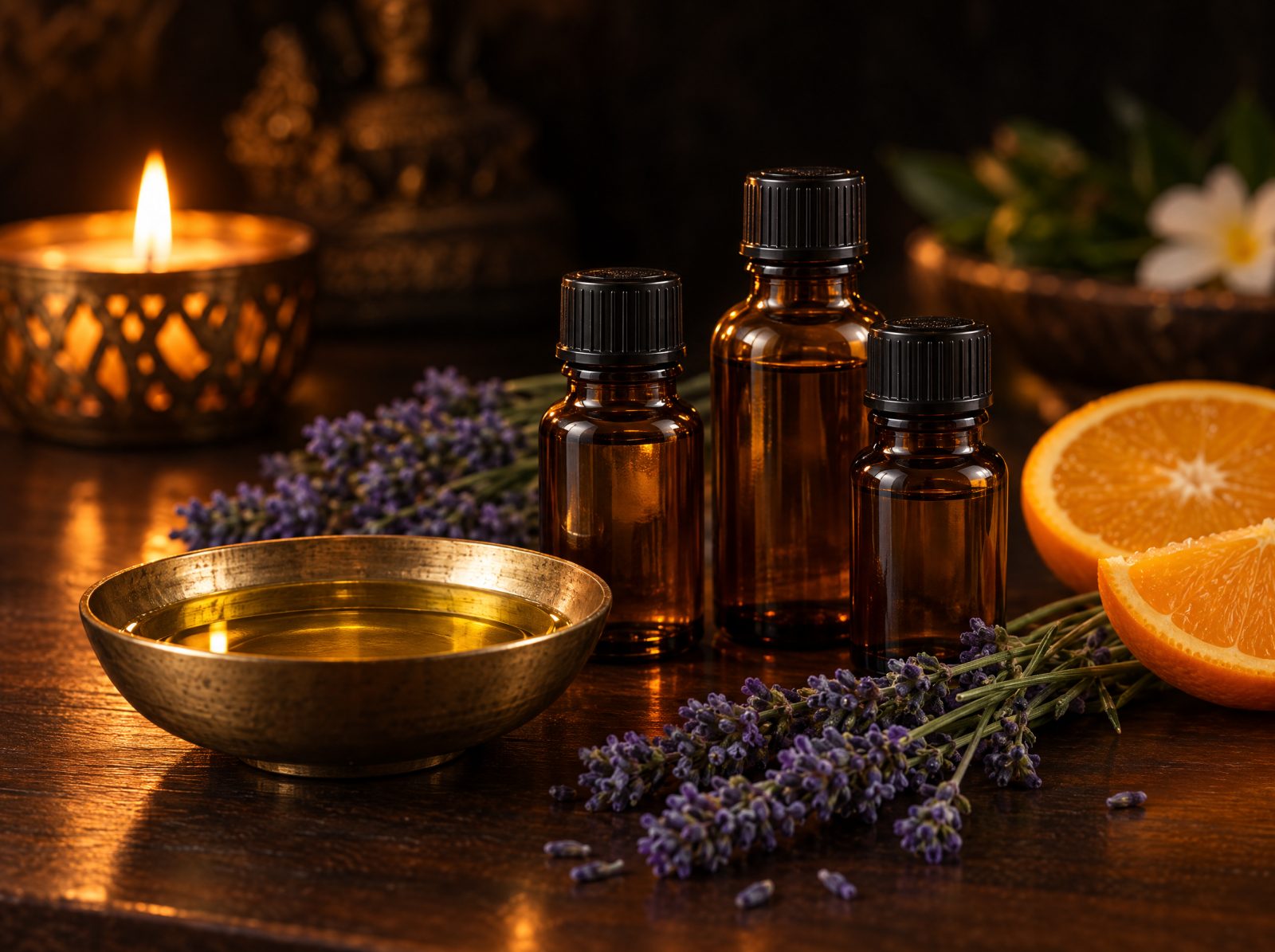 Amber aromatherapy oil bottles with lavender sprigs and orange slices