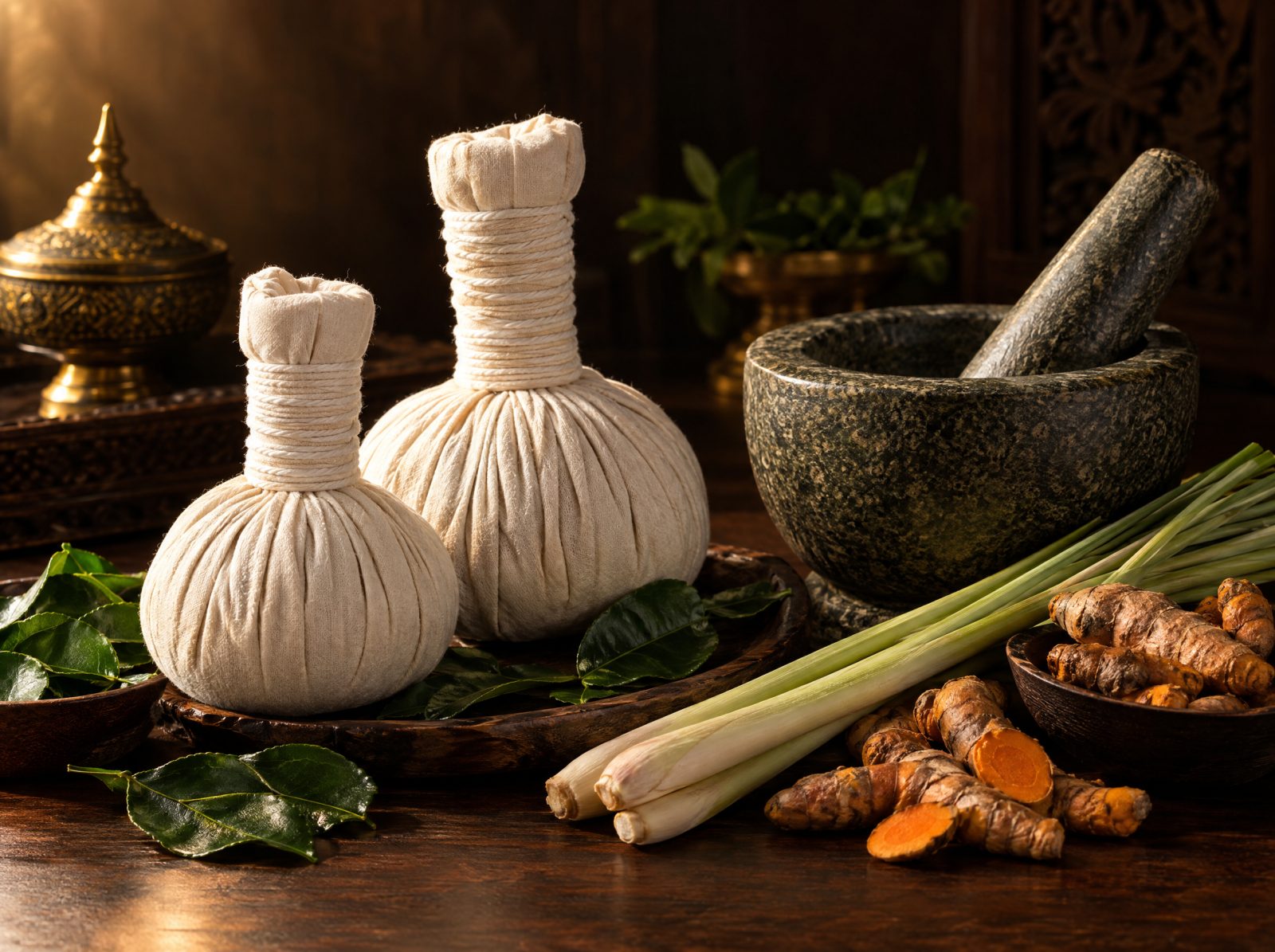 Thai herbal compress balls with lemongrass, turmeric and a stone mortar