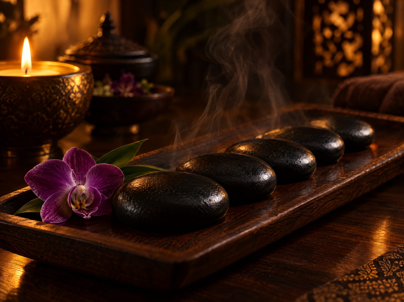 Black basalt hot stones on a teak tray beside an orchid