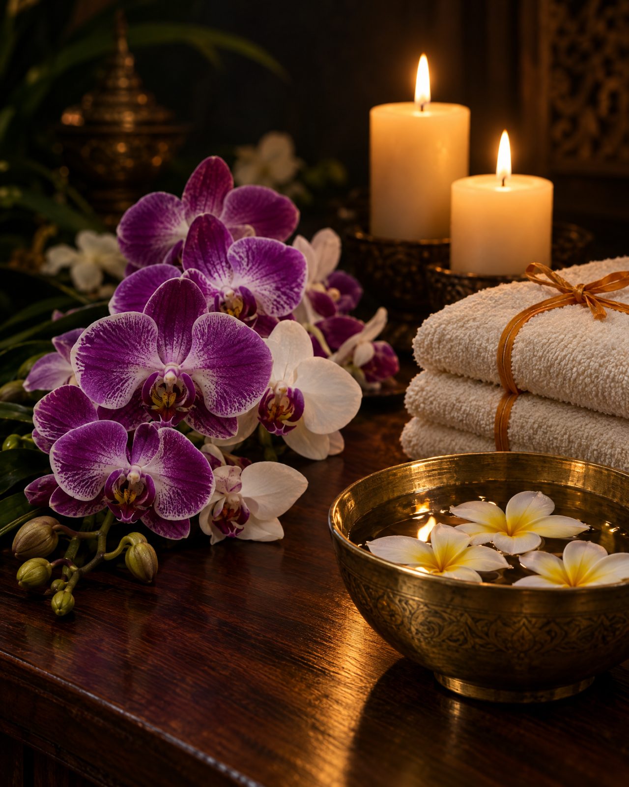 Purple orchids, candles and folded towels on a teak table