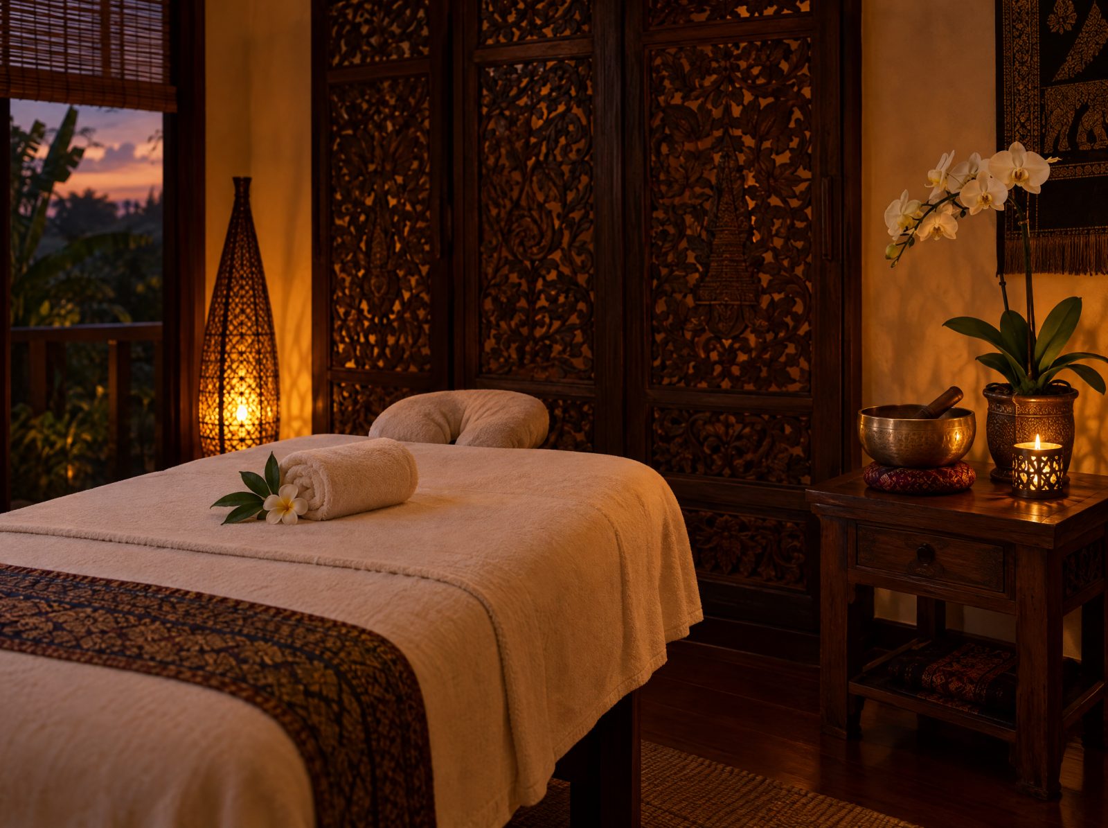 A candlelit treatment room with a massage table, an orchid and a brass singing bowl